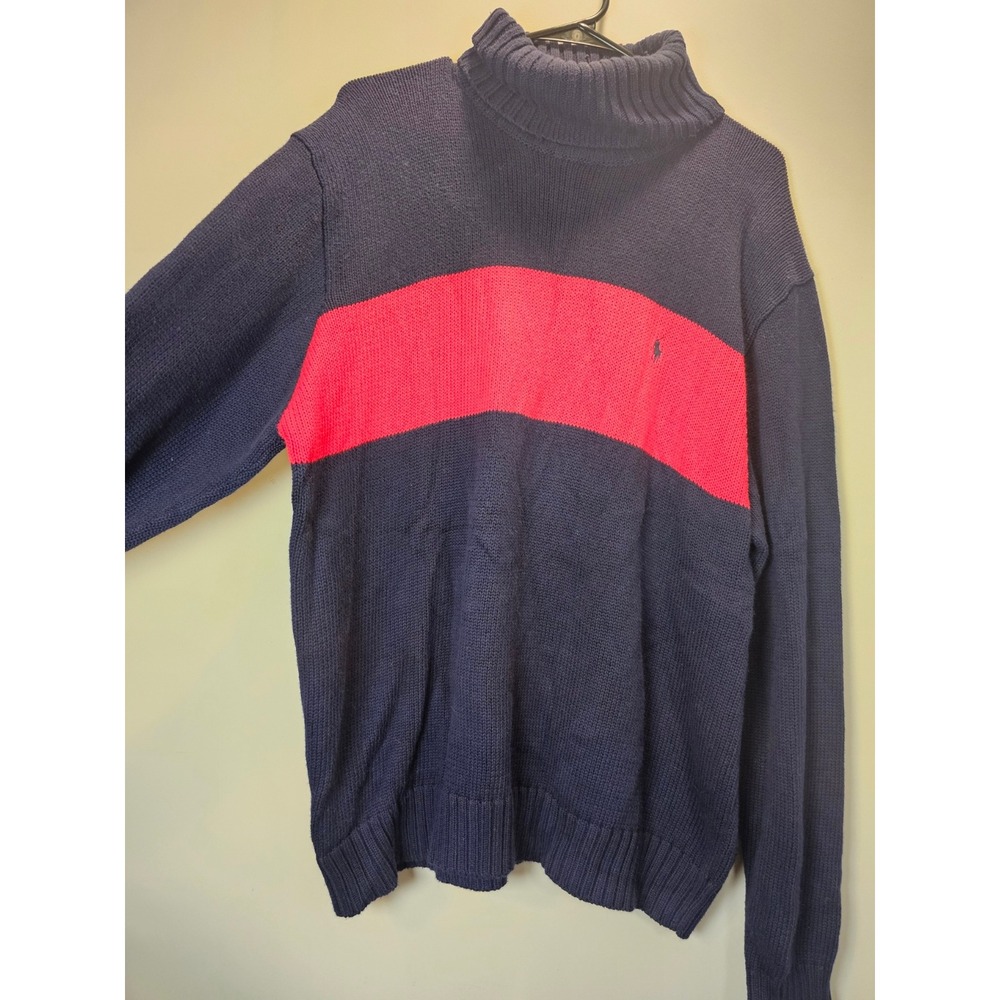 Polo Ralph Lauren Mens Turtleneck Sweater Navy Blue Red Stripe Cotton Large